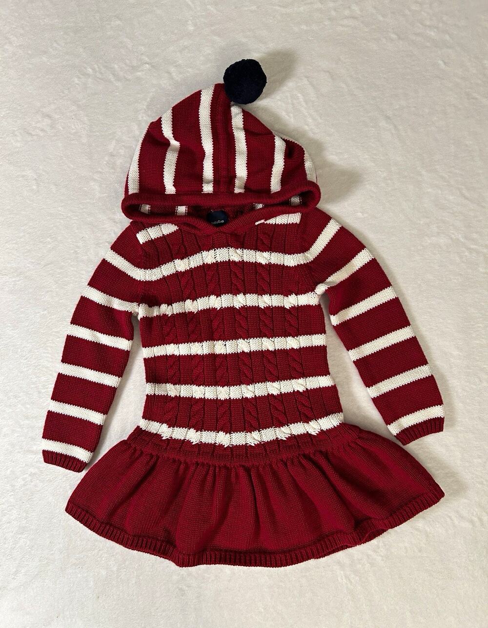 Baby Gap Red & White Striped Hooded Pom Pom Cable Knit Sweater Dress Girls 2T